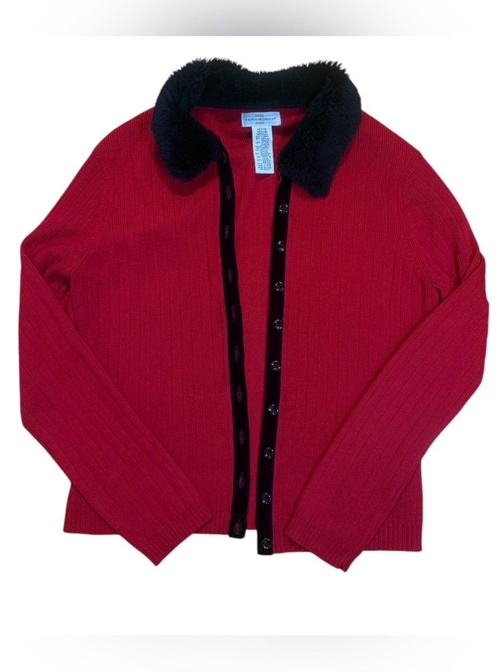 Vintage 90s yarn, Work red cardigan with black collar